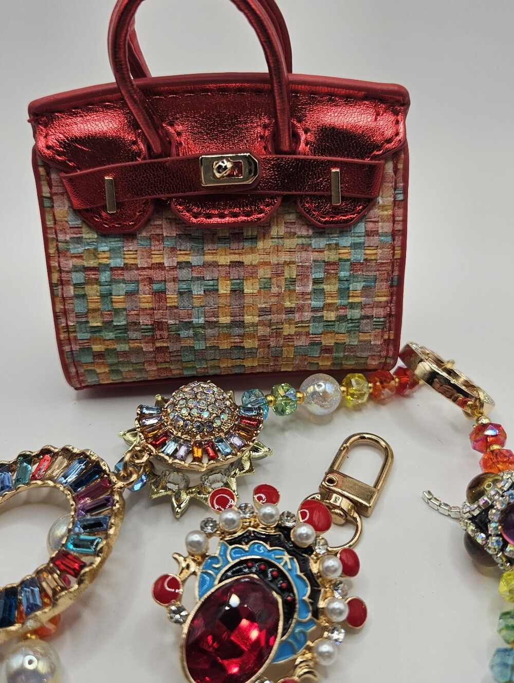 Red Metallic Top-Handle Woven Accent Women’s Minibag With Chain And Charm